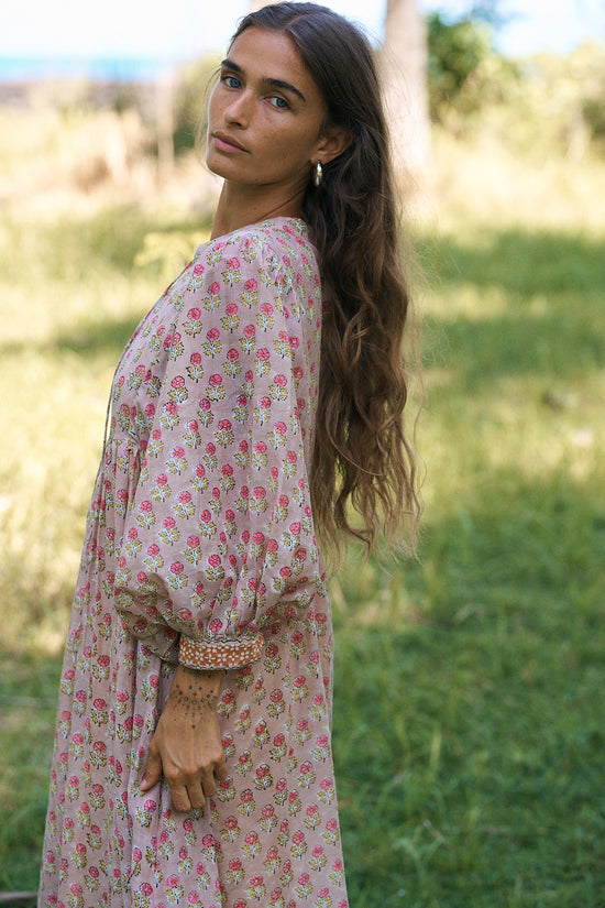 Bhoomi Maxi Dress Sunset — 3/4 profile lifestyle shot, hand block print cotton maxi | Daughters of India