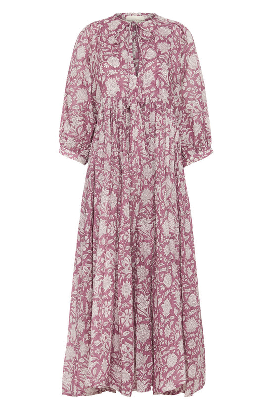 Daughters of India Kyra Midi Dress in Musk — flat lay showing neckline tie, billowed sleeves, hand screen print cotton