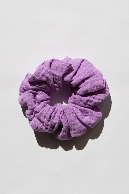 Daughters of India Upcycled Scrunchie in Lilac, a soft purple hair scrunchie made from upcycled cotton fabric