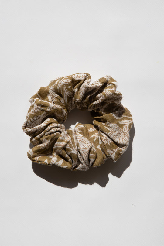 Daughters of India Upcycled Scrunchie in Olive, a dark olive green hair scrunchie made from upcycled cotton fabric