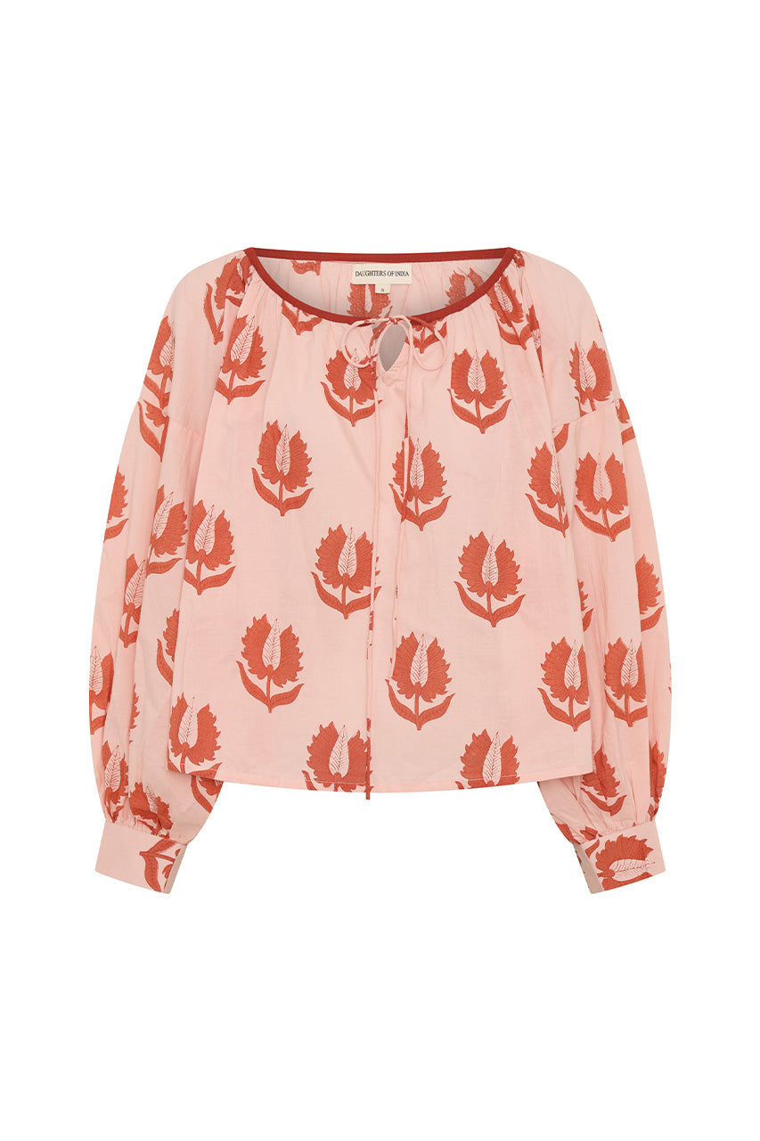 Ria Blouse Cherry Blossom — studio side profile, cherry blossom pink block print cotton blouse, relaxed silhouette, artisan India | Daughters of India