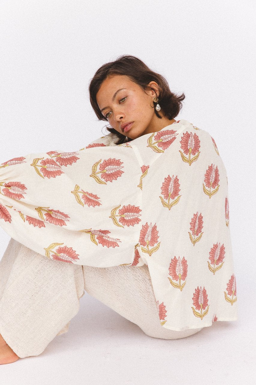 Ria Blouse Strawberry Cream — styled full body look, model wearing strawberry cream blouse, block print cotton top, artisan made India | Daughters of India