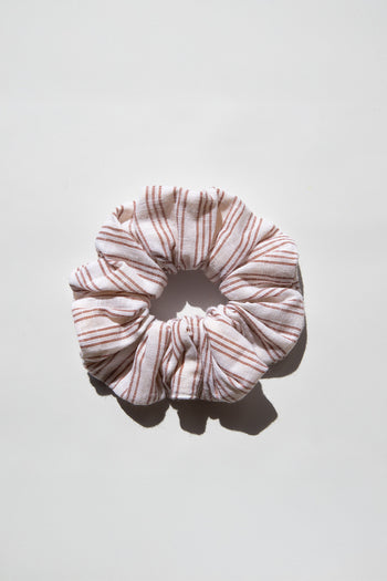 Daughters of India Upcycled Scrunchie in Vanilla, a cream and pink striped hair scrunchie made from upcycled cotton fabric