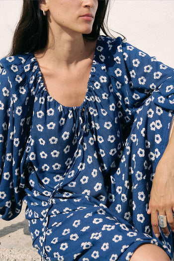 Zahra Midi Dress Indigo — billowing sleeve detail, hand block print cotton | Daughters of India