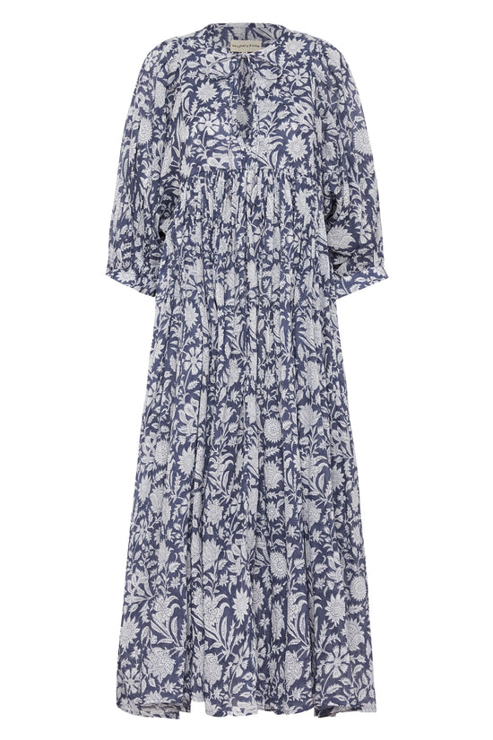 Kyra Midi Dress Blue Iris — ghost mannequin full silhouette, hand block print blue floral cotton | Daughters of India
