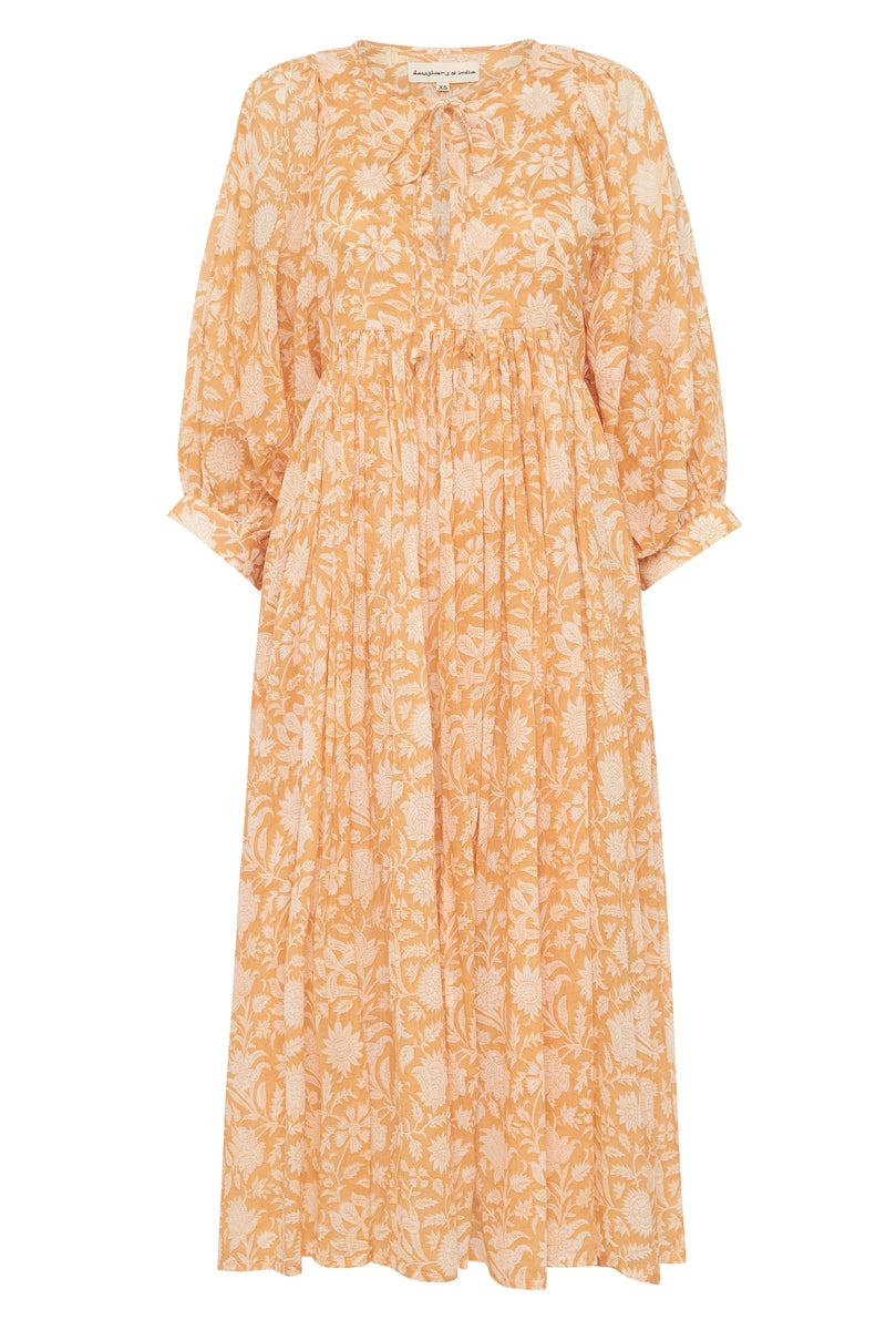 Daughters of India Kyra Midi Dress in Tangerine — flat lay showing floral print detail, cotton